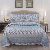 Karo Paisley Flowers Bluereversible Bedspread Quilted Set 3 Pcs King Size - $48.99