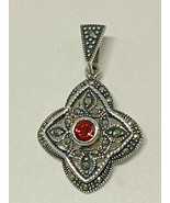 Sterling Silver 925 Ruby ? &amp; Marcasite Pendant Fine Jewelry Diamond shape - £28.30 GBP