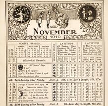 November December 1910 Calendar Page Moon Phases Sun Ephemera ADBN1eee - €25,77 EUR