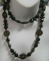 Vintage Long Black Grooved Carved Plastic Multi-Shaped Bead Necklace - £35.69 GBP
