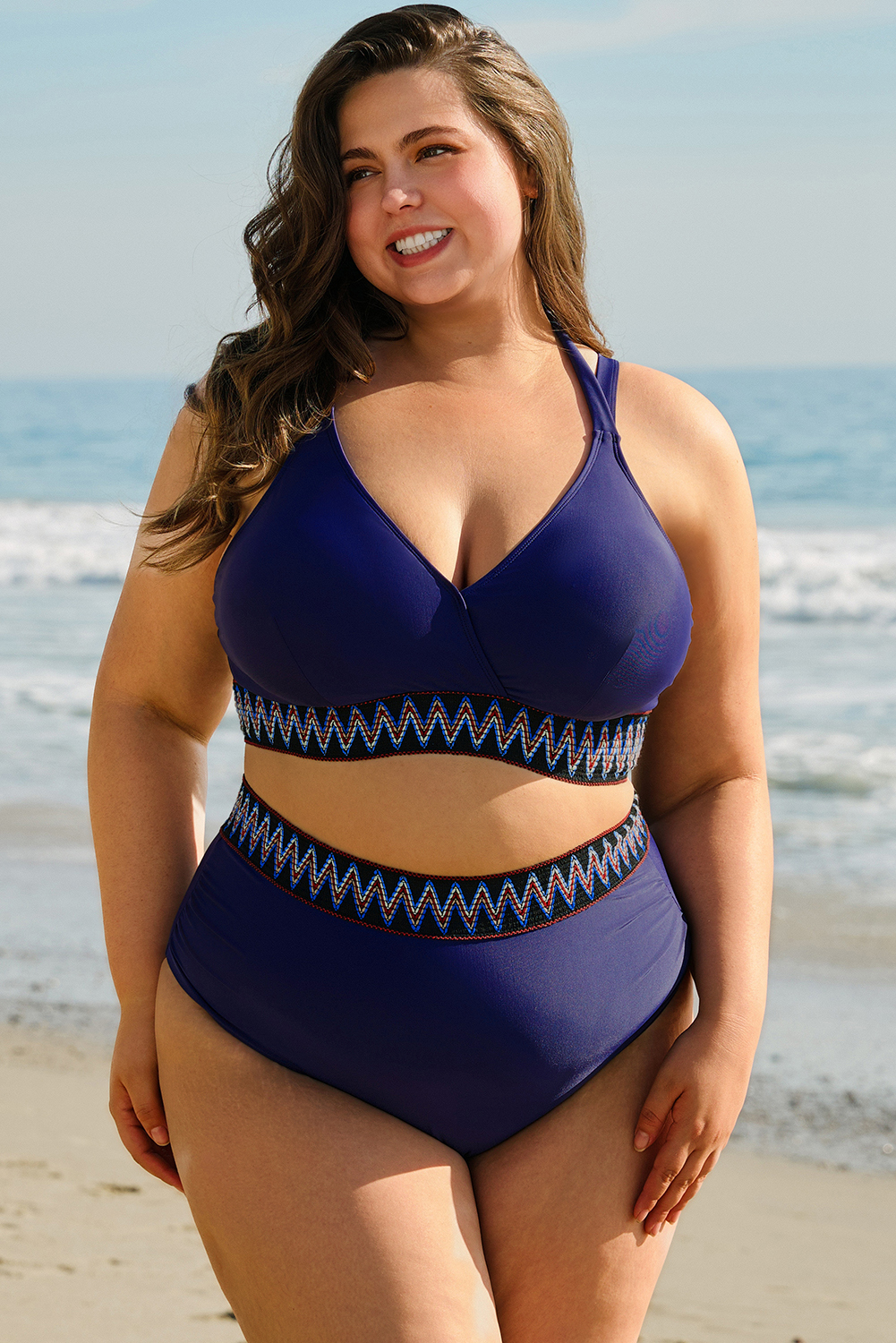 Navy Blue Embroidered Trim Wrap Tie Knot Plus Size High Waisted Bikini Item image 5