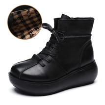Winter Warm Genuine Leather Lace Up Vintage Short Boots Women Flat Platform 5.5C - £61.23 GBP