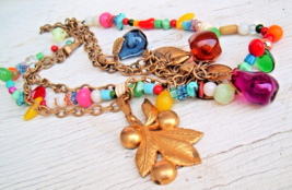 Vintage Necklace Art Deco Glass Fruit Metal Colorful Dangle Chunky Statement - £101.26 GBP