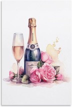Champagne Bottle and Rose Poster Pink Drinks Canvas Wall Art Aesthetic Painting  - £28.04 GBP