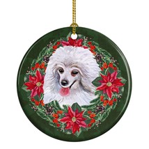 Medium White Poodle Poinsetta Wreath Ceramic Ornament Christmas Tree Han... - $11.49