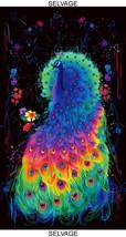 24&quot; X 44&quot; Panel Glow Rainbow Peacocks Birds Black Cotton Fabric Panel D482.43 - £7.32 GBP