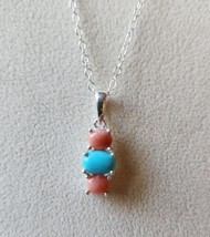 Turquoise and Peach Opal 3-Stone Pendant in Sterling Silver 1.55 ctw 20 Inch - £26.42 GBP