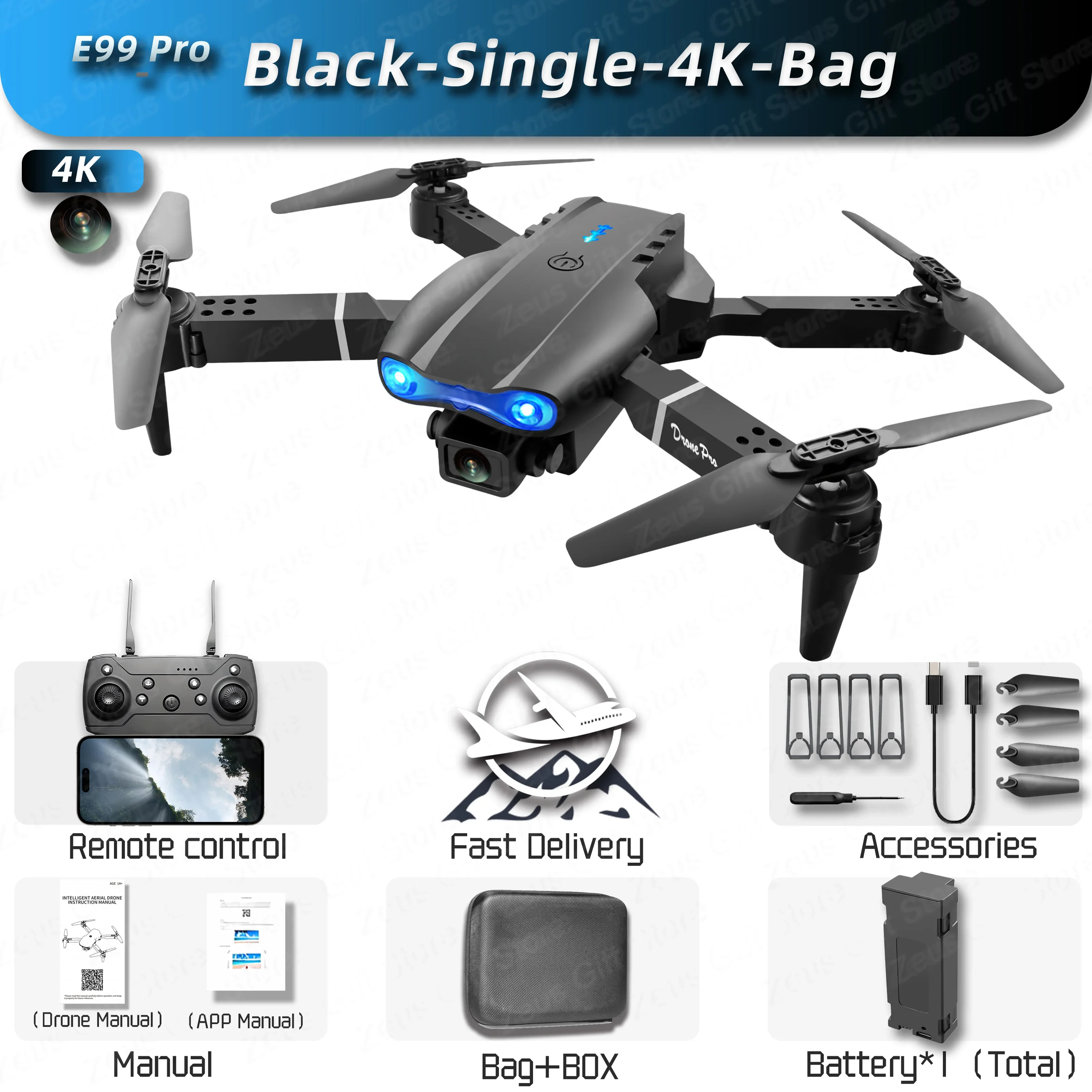 2024 E99Pro RC Drone 4K Dual HD Camera Foldable (Black-Single-4K-Bag) - £35.73 GBP