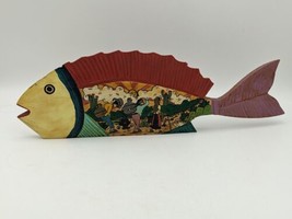 Vintage Mexican Folk Art Hand Painted Carved Wooden Fish 14&quot; , 2 side Scene - £17.56 GBP