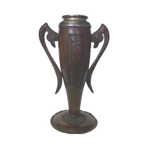 Antique Secession Urn Shape Trophy Vase Two Handles Carved Wood Rare Unique - $299.99