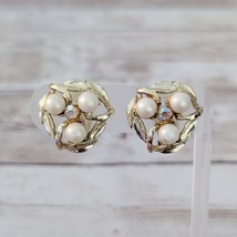 Vintage Clip On Earrings Gold Tone, Faux Pearl, Iridescent Center - $13.99