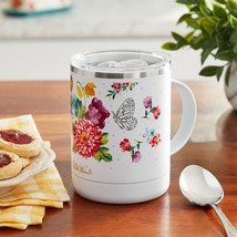 Pioneer Woman Blooming Bouquet Stainless Steel Mug 14-oz White Butterfly Floral - £19.07 GBP