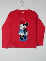 DISNEY Women’s Red Minnie Mouse Sweatshirt Embroidered Fuzzy Patch Crew Size M - £11.95 GBP