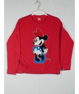 DISNEY Women’s Red Minnie Mouse Sweatshirt Embroidered Fuzzy Patch Crew ... - £11.42 GBP