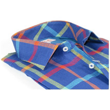 Men Linen Sports Shirt By INSERCH English Plaid European 2905 Blue Multi Checker image 2