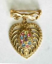 1928 Victorian Style Rhinestone Gold-tone Bow &amp; Heart Brooch 1980s vint. 1 1/2&quot; - £11.22 GBP