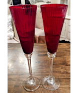 Cranberry Red Toasting Flute Ribbed Crystal Champagne Glass 2pc Set 11.25&quot; - $39.99