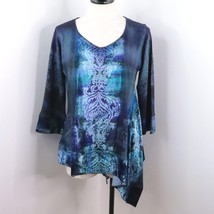 One World Women&#39;s M Blue Multi Ornate Velour Knit Asymmetrical Tunic Top - £15.67 GBP