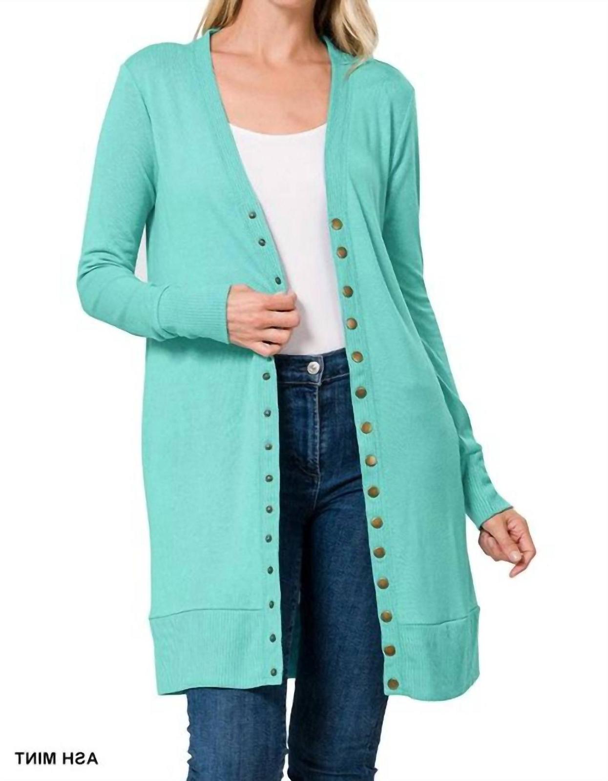 Zenana Women&#39;s Snap Button Longline Cardigan Ash Mint - $42.00