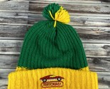 Vintage 70s Youth Matchbox Green &amp; Yellow Knit Beanie Winter Hat w/ Pom ... - £60.71 GBP