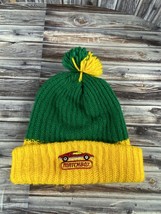 Vintage 70s Youth Matchbox Green &amp; Yellow Knit Beanie Winter Hat w/ Pom Pom  - £60.89 GBP
