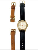 Fossil Genuine Black Leather Band Watch  Diamond Rhinestone Bling W/ Brown Band - £94.53 GBP