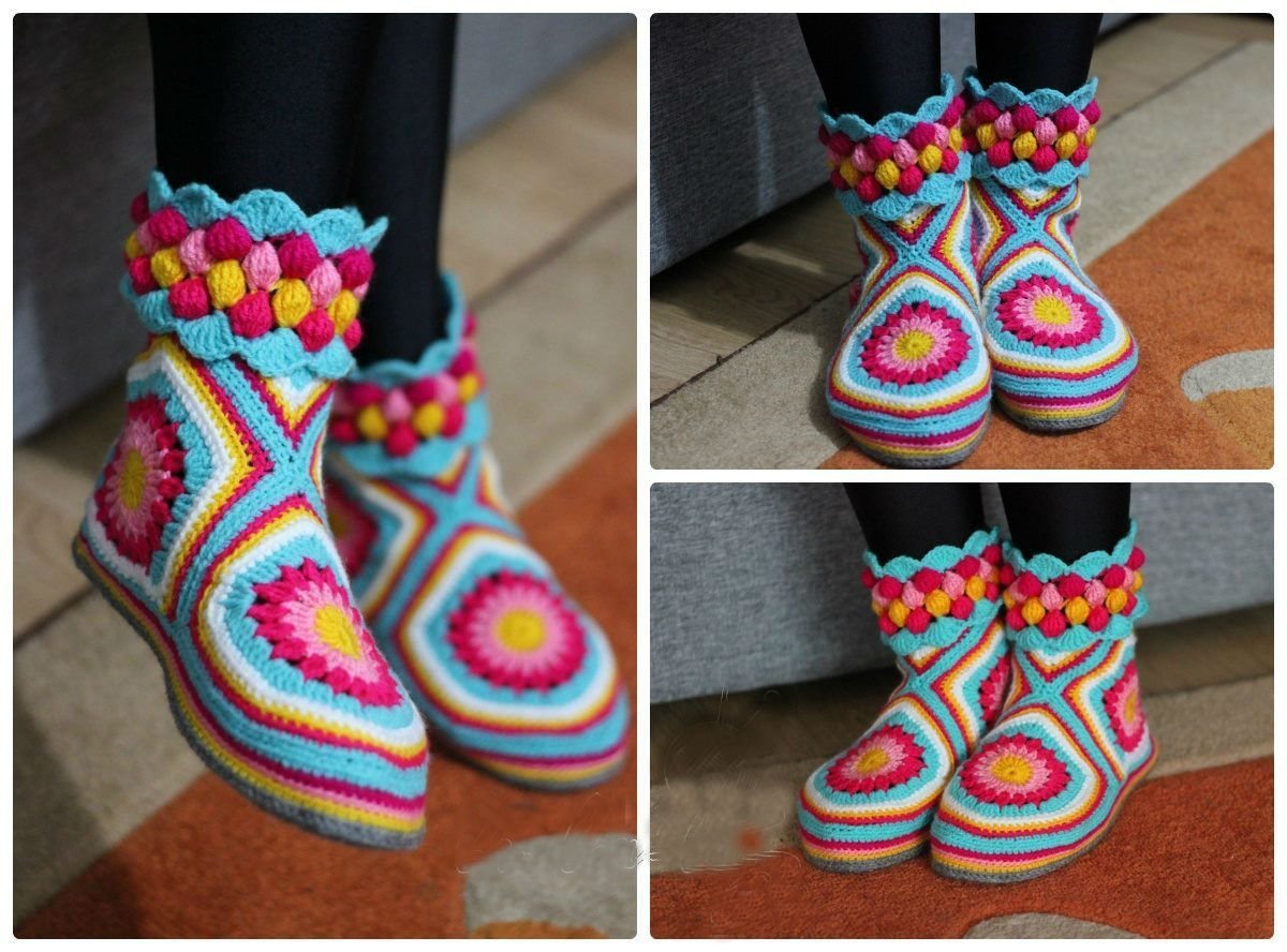 Rainbow Bedroom Slippers, Female Ankle Boots, Crochet shoes with Leather Soles - $38.00 - $50.00