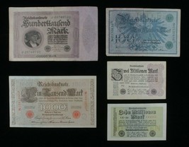 1908-1923 Germany 5-Notes Set // 2 German Empire and 3 Weimar Republic Marks - £38.84 GBP