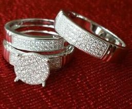 His &amp; Her Diamond Wedding Band White Gold Finish Trio Bridal Engagement Ring Set - £107.33 GBP