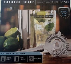 Sharper Image Mixology 3 Piece Home Bar Set Recipe Glass Shaker Strainer New - £14.08 GBP