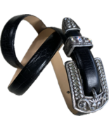 Christine Alexander black leather belt western antique silver look buckl... - $1,005.42 MXN