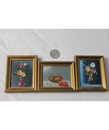 3 Miniature Still Life Oil Paintings Vintage Mid Century Art Flowers Vas... - £154.53 GBP