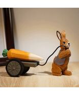 Hand-Carved Wooden Rabbit with Carrot Cart Figurine Set Rustic Decor - $28.22