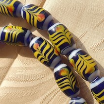Vintage blue fancy feather pattern glass beads long necklaceGift - $36.82