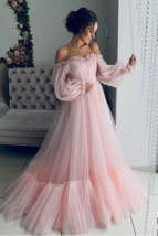 Pink Lace Off Shoulder Fluffy Tulle Long Sleeve Prom Party Maxi Dress,Prom Dress - £135.06 GBP