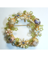 Vintage Art Glass Brooch Pin Easter Eggs Floral Design Gold Wreath 16-B - €37,99 EUR