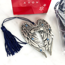 Avon Pewter Christmas Ornament 2016 Angel Wings Rhinestones Velvet Bag &amp; Box - $37.95