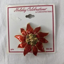 Christopher Radko Vintage Pin Brooch Red Gold Flower Poinsettia Signed 80s NEW - £30.22 GBP