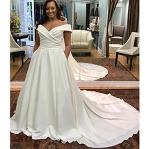 Beautiful Satin Off Shoulder Wedding Dress with Chapel Train - £213.93 GBP