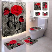 Red Rose Shower Curtain Set with Rugs and Hooks, Waterproof Bathroom Decor - $1,542.22 MXN