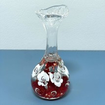 1977 Maude &amp; Bob St. Clair Trumpet Flower Paperweight Bud Vase 5&quot; Red/White - £19.03 GBP