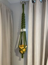 Vintage 70s Olive Green Macrame Plant Hanger With Large Ceramic Beads - £31.63 GBP