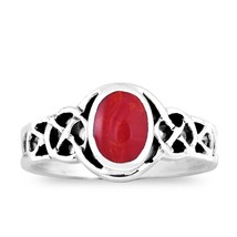 Classic Celtic Knot Oval Red Coral Sterling Silver Ring-9 - £11.25 GBP