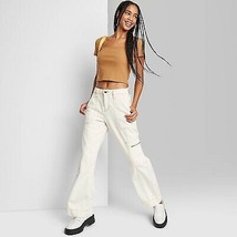 Women&#39;s High-Rise Cargo Baggy Jeans - Wild Fable Off-White 0 - £19.63 GBP