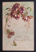 Happy Returns Metallic Flowers Embossed Paul Finkenrath Berlin Postcard c1910s - £6.25 GBP