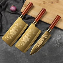 3 PCS Golden Titanium Plated Kitchen Knives Fruit Meat Cleaving Set - £27.17 GBP