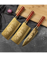 3 PCS Golden Titanium Plated Kitchen Knives Fruit Meat Cleaving Set - $34.55