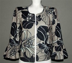 Calvin Klein Open Front Big Bold Flowers Taupe Black Bell Sleeves Jacket Wm&#39;s 10 - £31.16 GBP