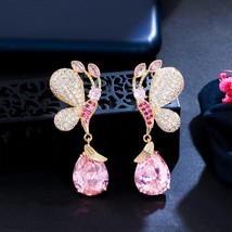 CWWZircons Sparkling Pink Cubic Zirconia Crystal Cute Butterfly Drop Earrings fo - £17.62 GBP