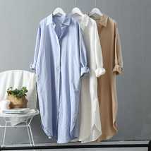 Women Oversize Button Down Rolled Up Sleeve Long Cotton Blouse Midi Dress_ - $29.00